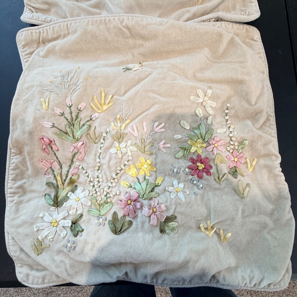 VTG Ribbon Floral Embroidered Velvet Pillow Covers Beige 14x14 Cottagecore Twee